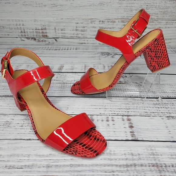 Calvin Klein Cimi Red Patent Open Toe Block Heel Sandals | 8 - Picture 2 of 11